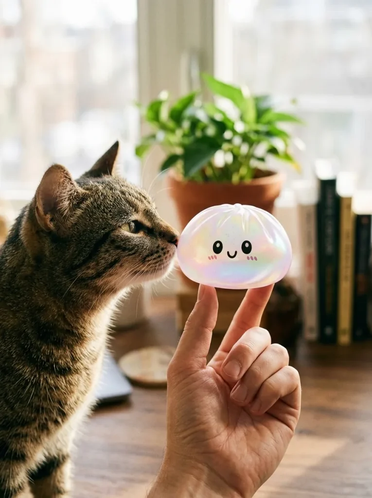 Dumpling Squishy Holografinen Sateenkaarihohde ja lemmikki — asiakaskuva