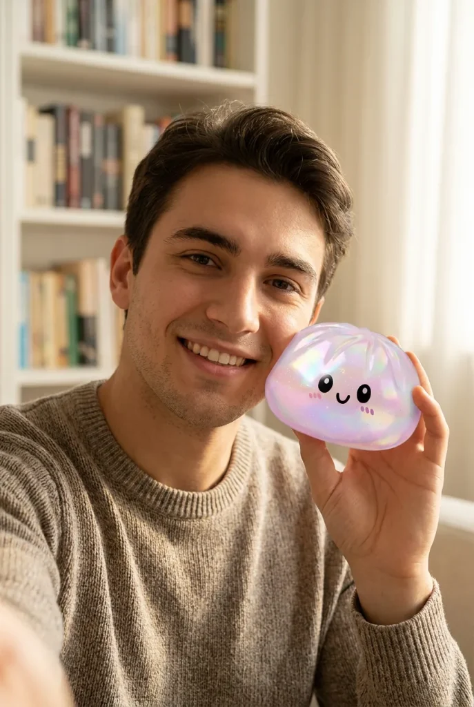 Dumpling Squishy Holografinen Sateenkaarihohde kasvojen lähellä — asiakaskuva
