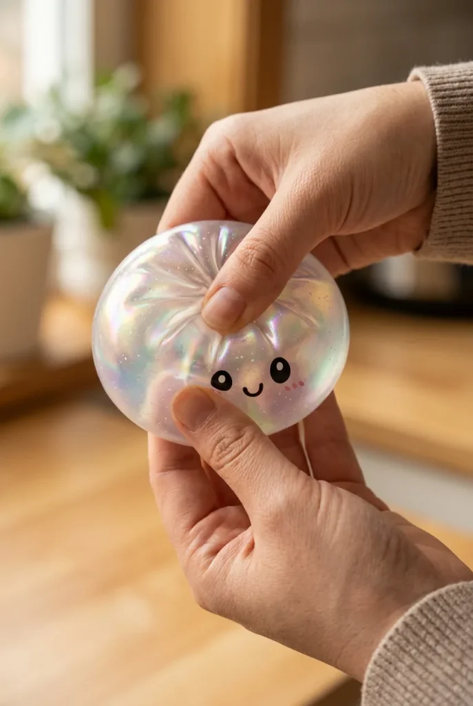 Dumpling Squishy Holografinen Sateenkaarihohde sormien välissä — asiakaskuva