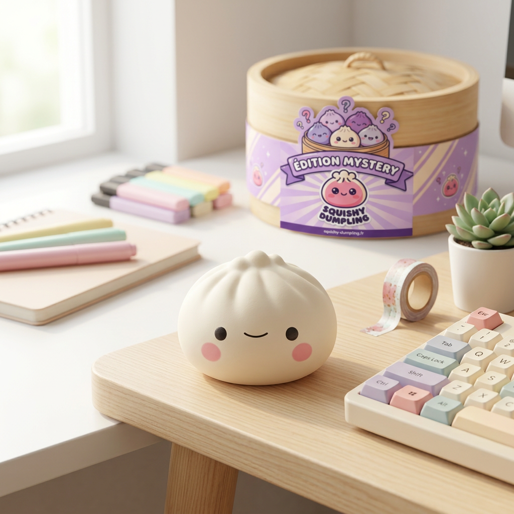 Dumpling Squishy Mystery Box 12 kpl Bambukoreilla arkisessa asetelmassa