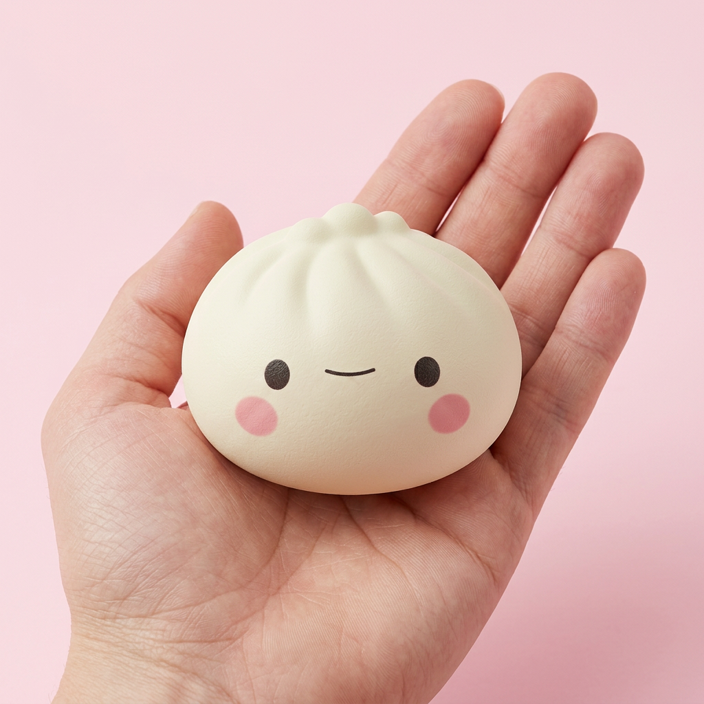 Dumpling Squishy Mystery Box 12 kpl Bambukoreilla kädessä — kokovertailu