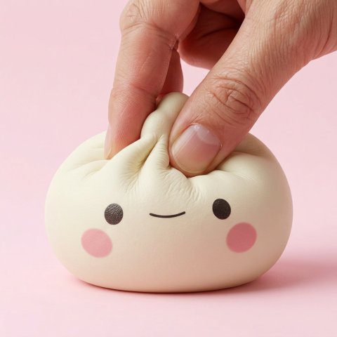 Dumpling Squishy Mystery Box 12 kpl Bambukoreilla puristettuna kädessä