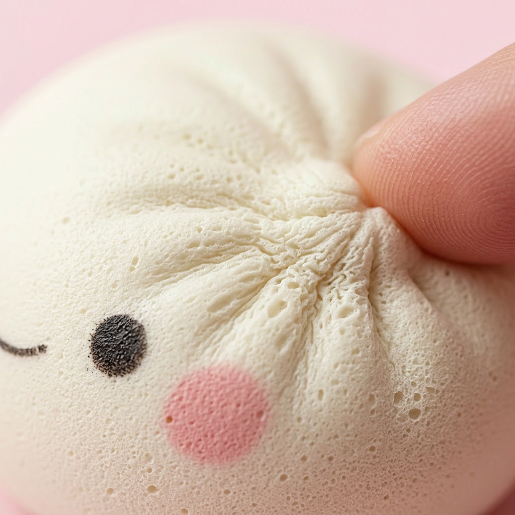 Dumpling Squishy Mystery Box 12 kpl Bambukoreilla makrokuva vaahdon pinnasta