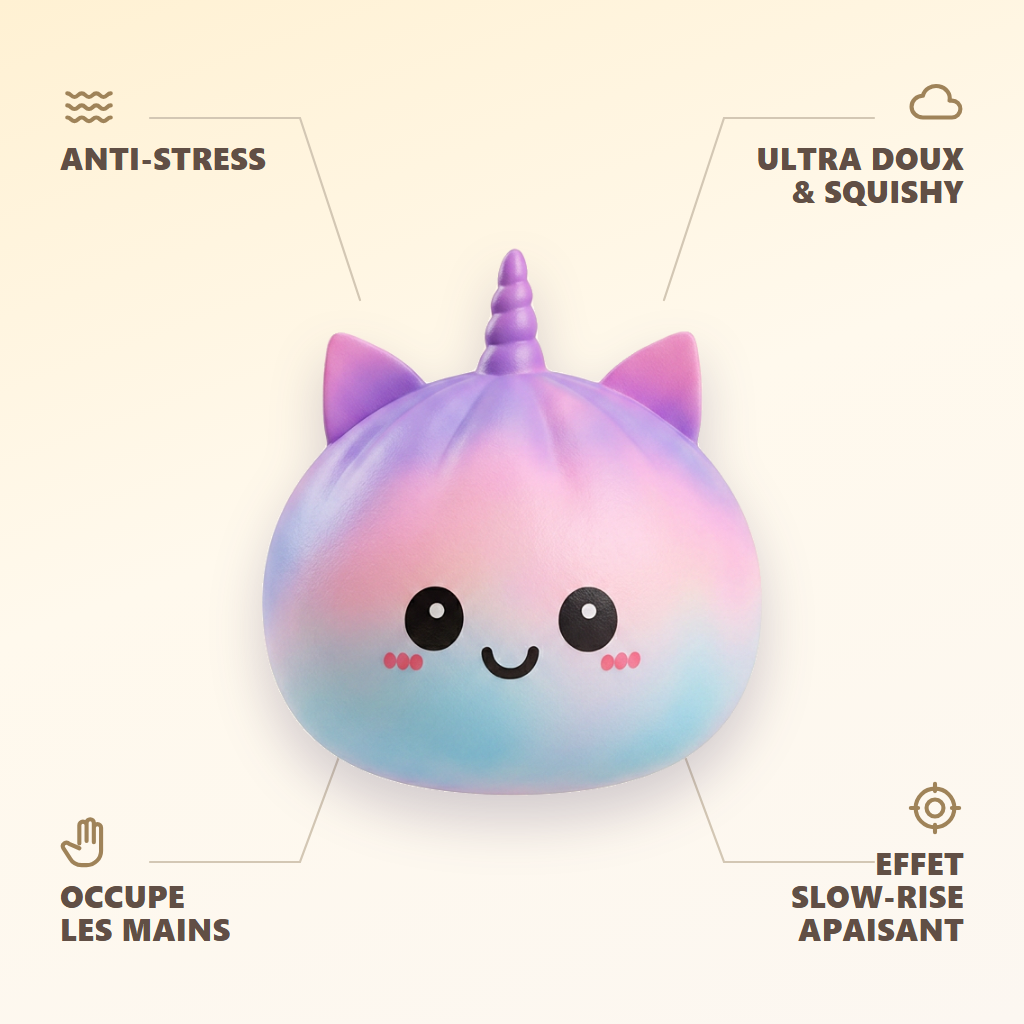 Jumbo Dumpling Squishy Sateenkaariyksisarvinen infografiikka: tärkeimmät edut