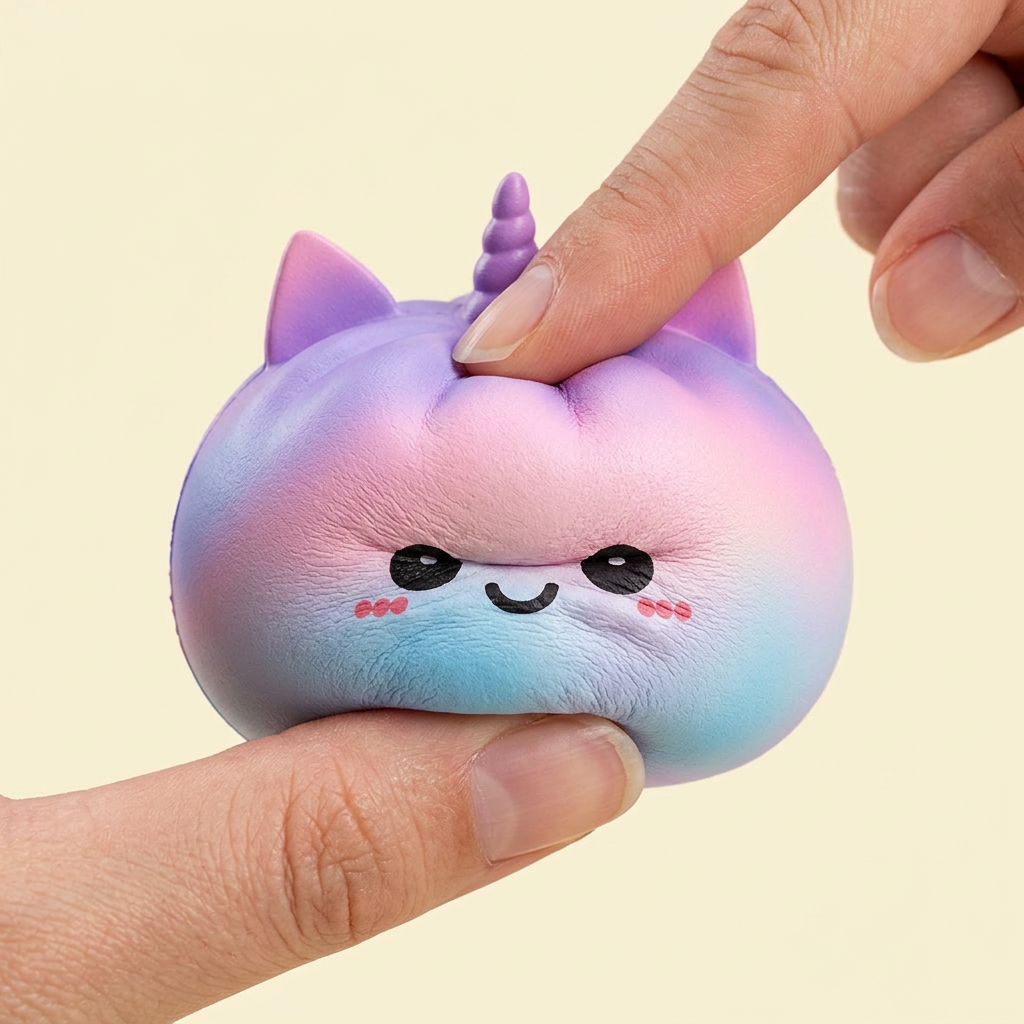 Jumbo Dumpling Squishy Sateenkaariyksisarvinen puristettuna kädessä