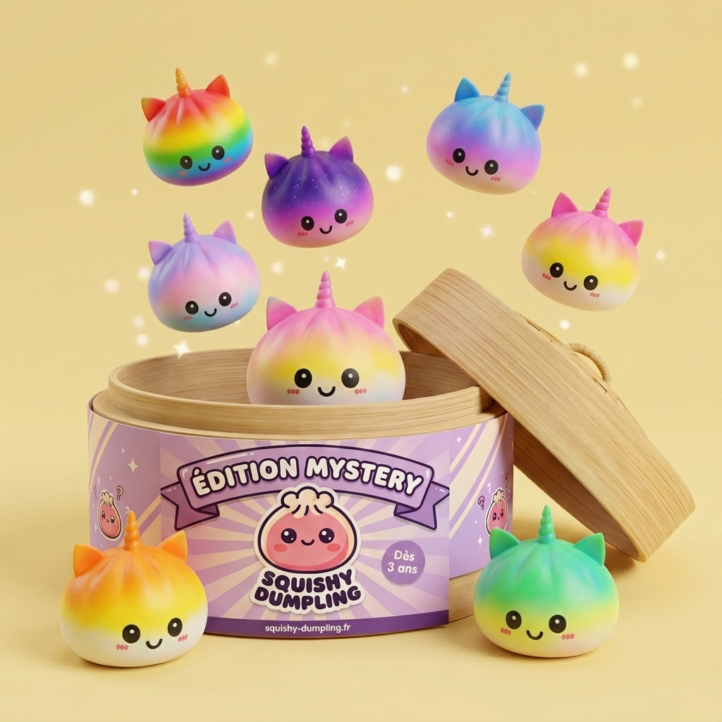 Jumbo Dumpling Squishy Sateenkaariyksisarvinen puristettuna kädessä