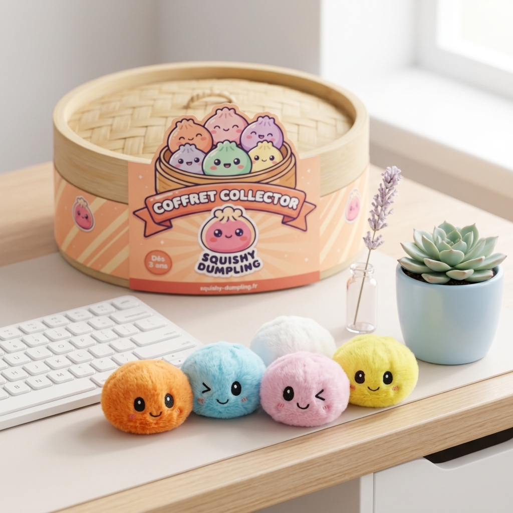 Dumpling Squishy Avaimenperäsetti 6 kpl tunnelmakuvassa työpöydällä