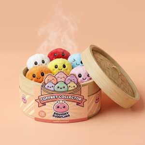 Dumpling Squishy Avaimenperäsetti 6 kpl bambutyylisessä höyrykorirasiassaan
