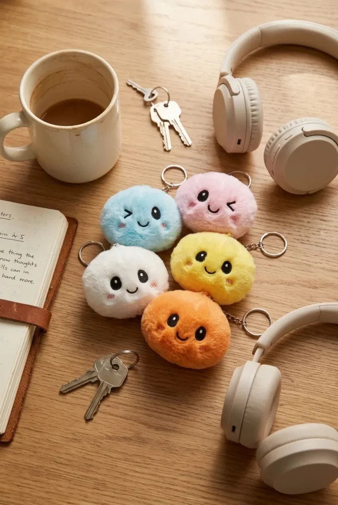 Dumpling Squishy Avaimenperäsetti 6 kpl työpöydällä — asiakaskuva