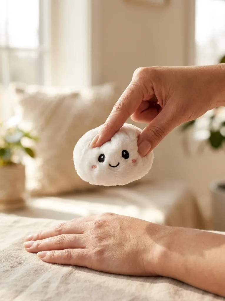 Dumpling Squishy Avaimenperäsetti 6 kpl sormien välissä — asiakaskuva