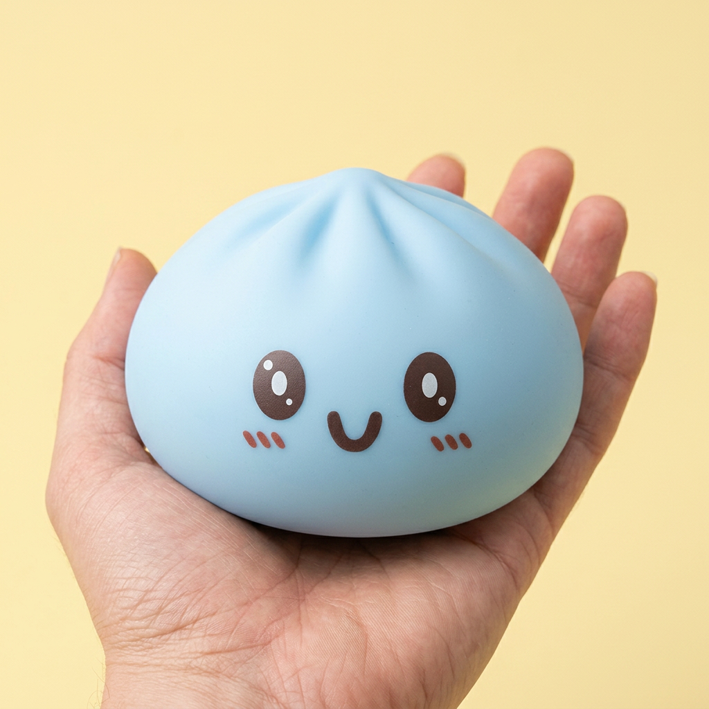 Blue Dumpling Squishy Jumbo kädessä, todellinen koko