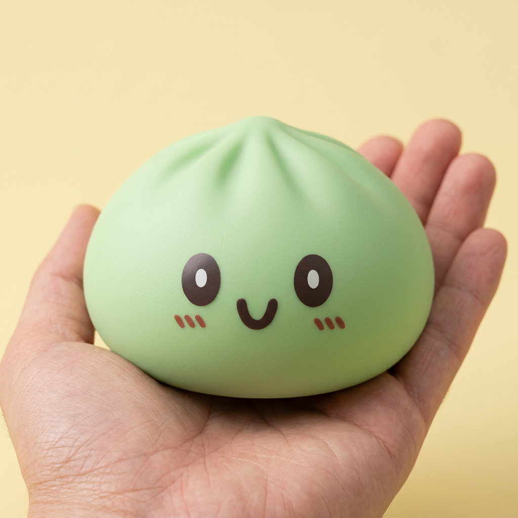 Jumbo Dumpling Squishy Vihreä kädessä, todellinen koko