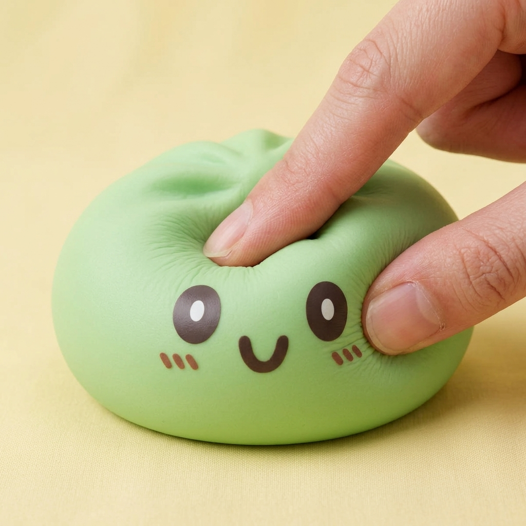 Jumbo Dumpling Squishy Vihreä puristettuna kädessä, squishy-materiaali