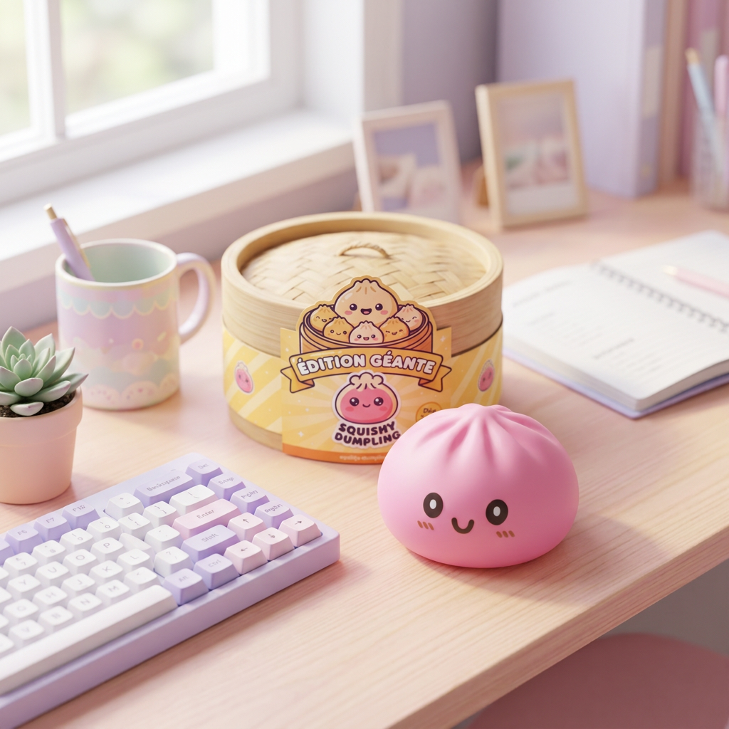 Dumpling Squishy Jätti Pinkki 15 cm tunnelmakuvassa työpöydällä