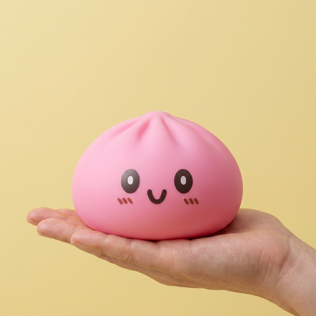 Dumpling Squishy Jätti Pinkki 15 cm kädessä, todellinen koko