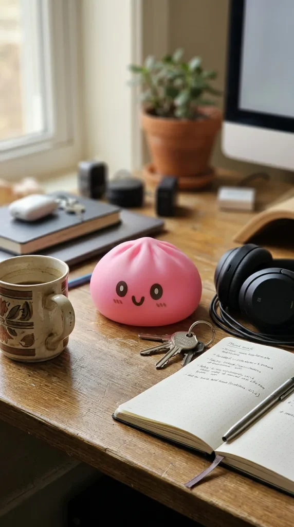 Dumpling Squishy Jätti Pinkki 15 cm työpöydällä — asiakaskuva