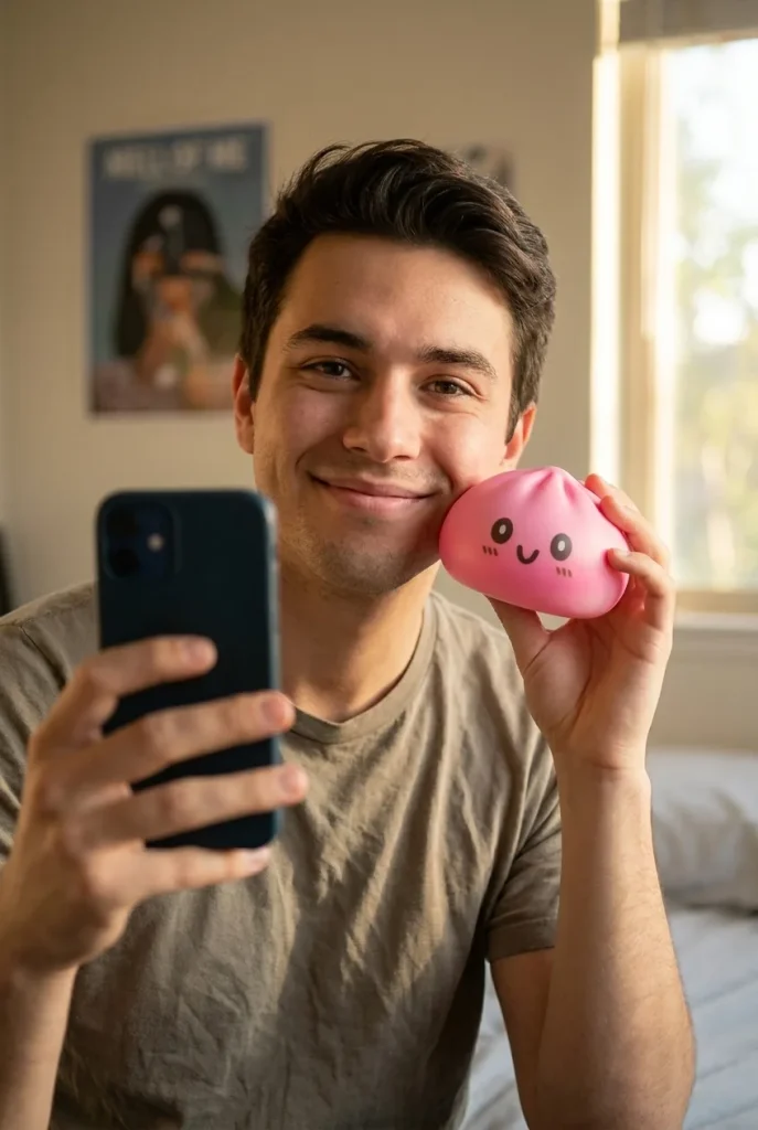 Dumpling Squishy Jätti Pinkki 15 cm kasvojen lähellä — asiakaskuva