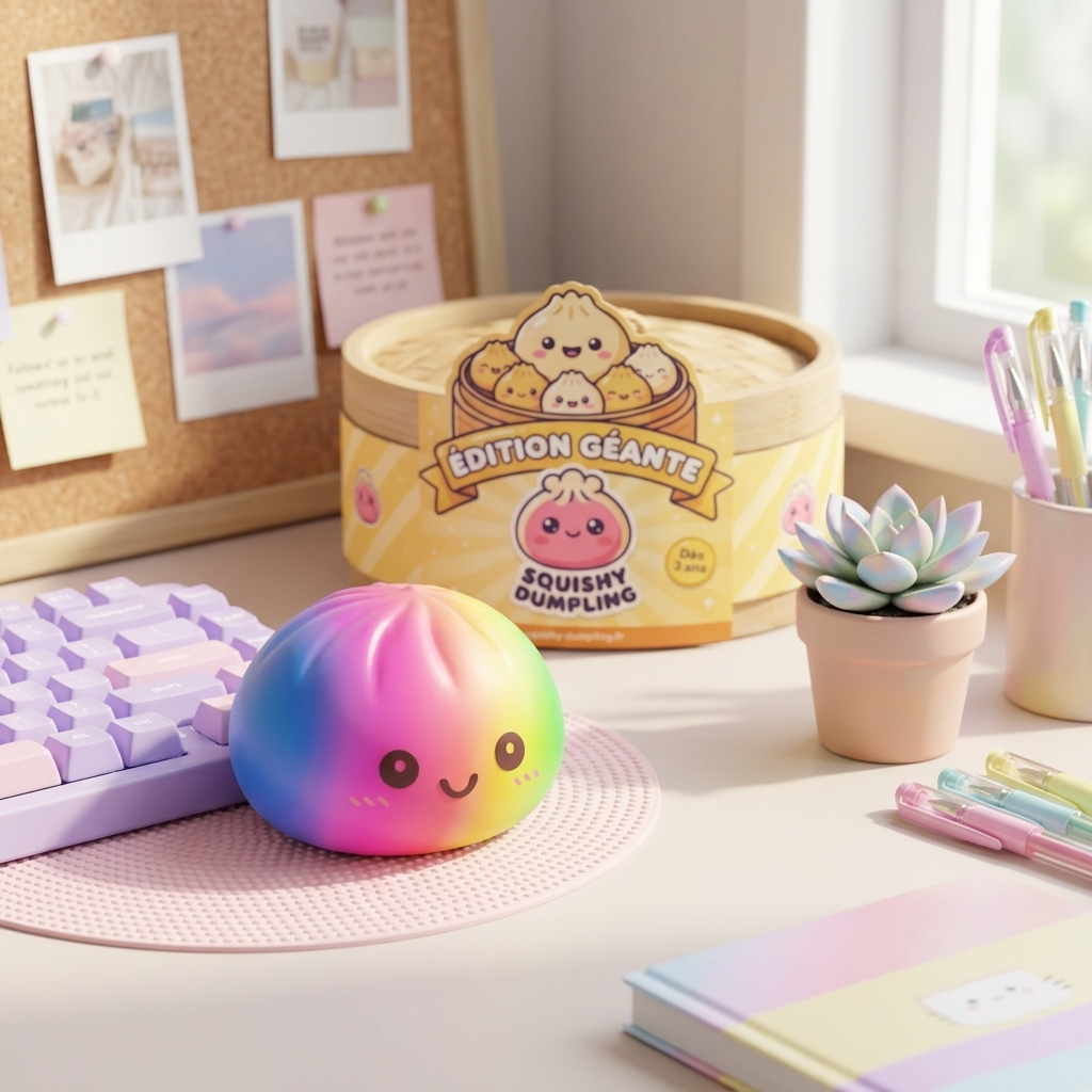 Rainbow Dumpling Squishy XXL tunnelmakuvassa työpöydällä