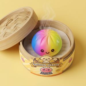 Rainbow Dumpling Squishy XXL bambutyylisessä höyrykorirasiassaan