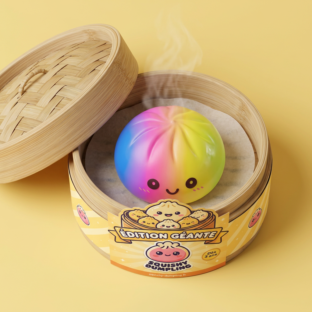 Rainbow Dumpling Squishy XXL bambutyylisessä höyrykorirasiassaan