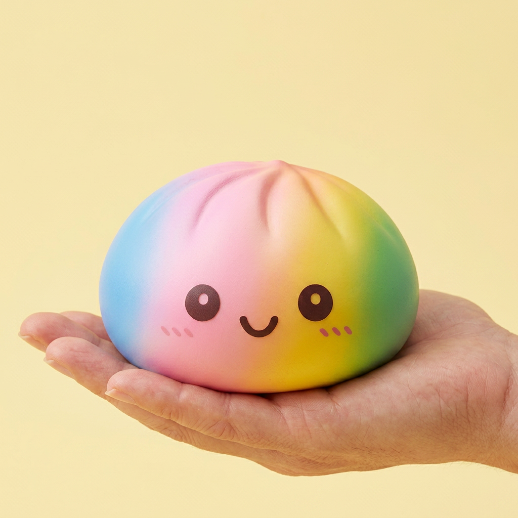 Rainbow Dumpling Squishy XXL kädessä, todellinen koko