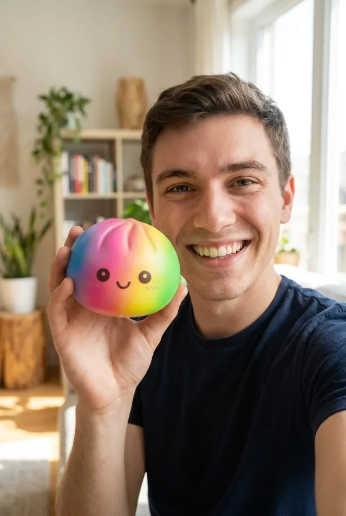 Rainbow Dumpling Squishy XXL kasvojen lähellä — asiakaskuva
