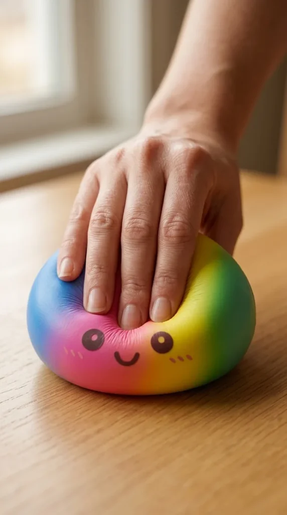 Rainbow Dumpling Squishy XXL sormien välissä — asiakaskuva
