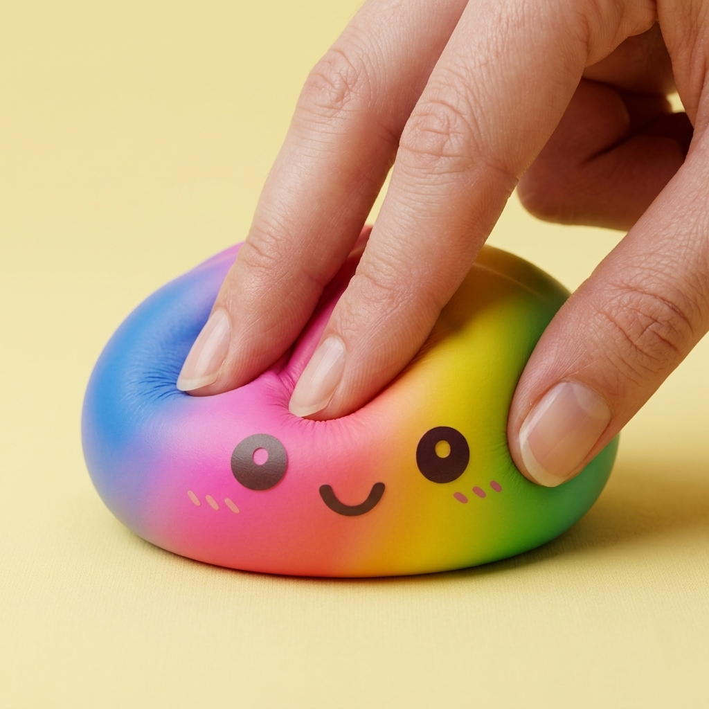 Rainbow Dumpling Squishy XXL puristettuna kädessä, squishy-materiaali
