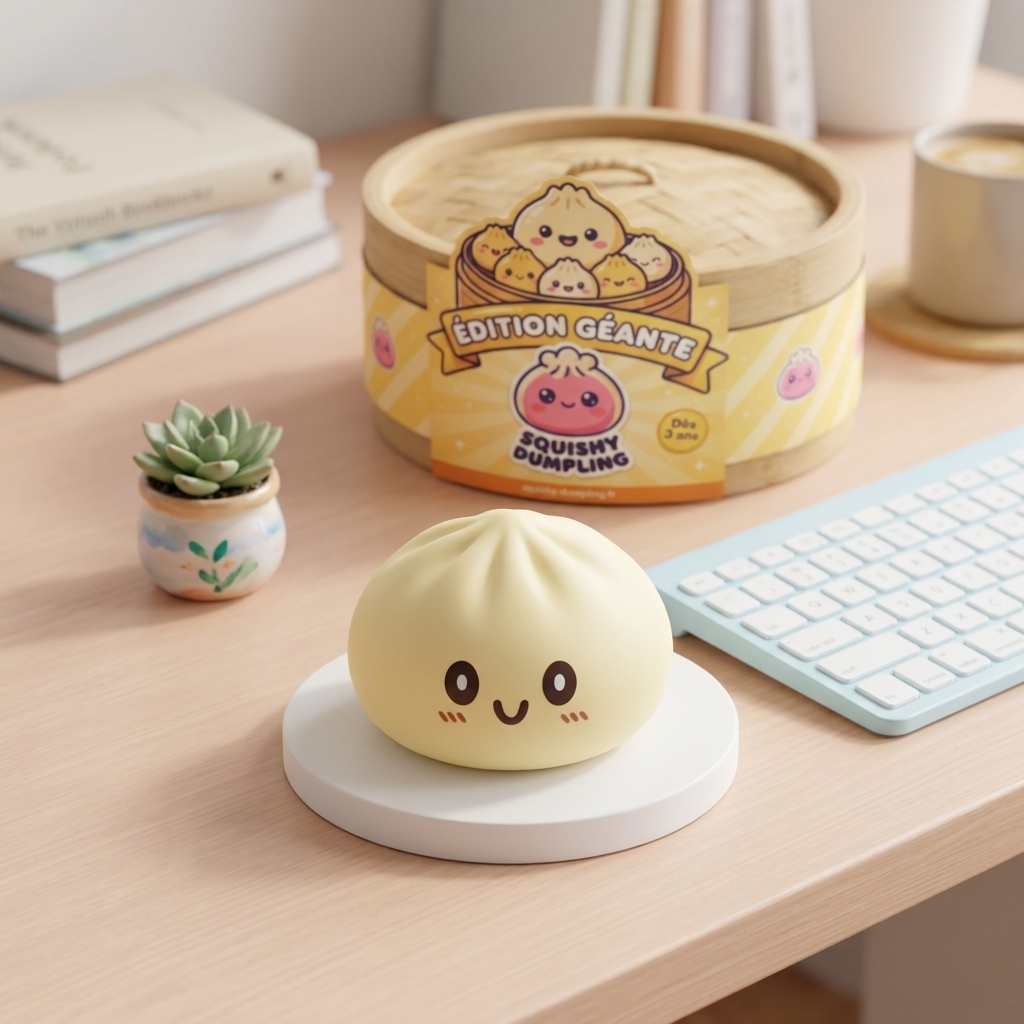 Giant Yellow Dumpling Squishy 15 cm tunnelmakuvassa työpöydällä