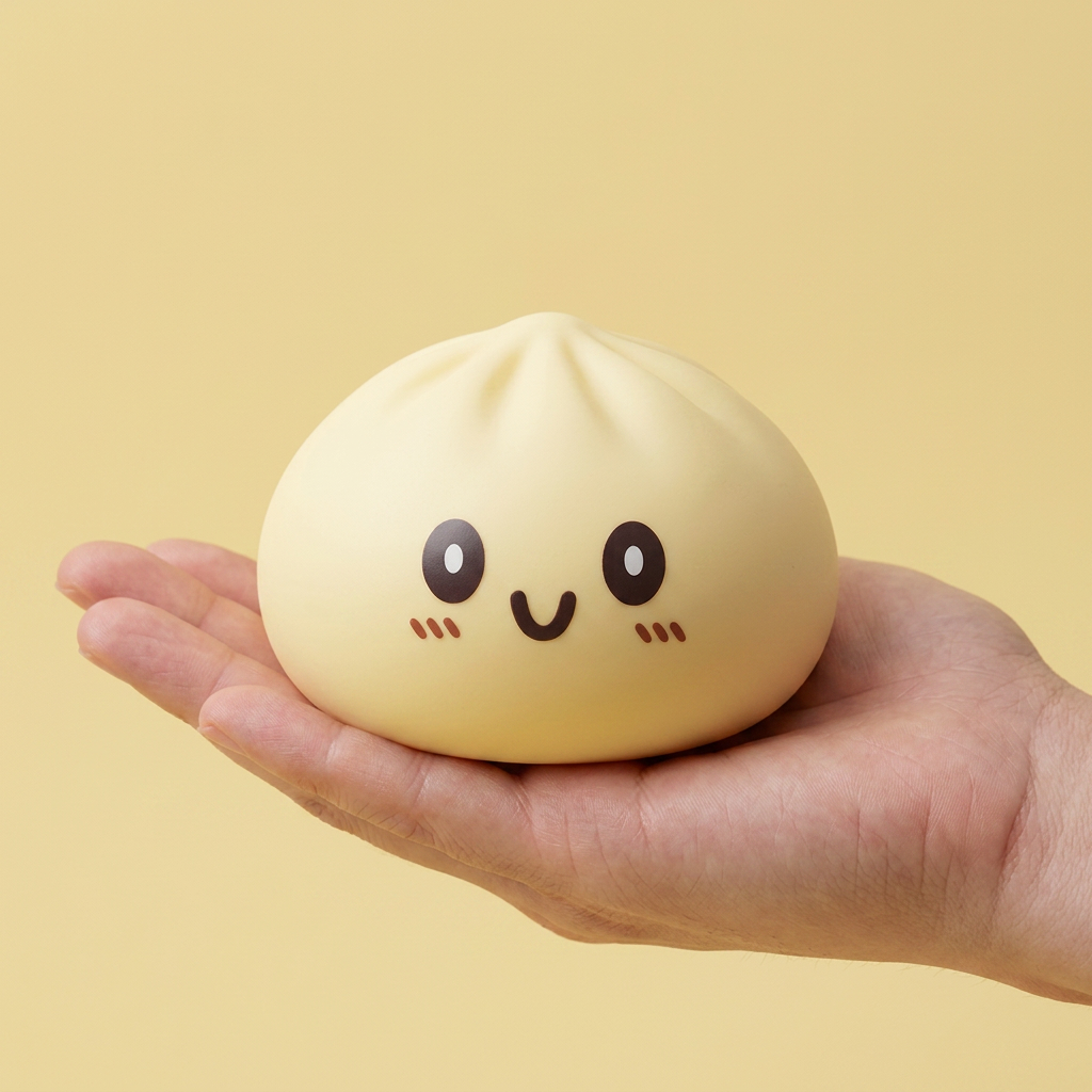 Giant Yellow Dumpling Squishy 15 cm kädessä, todellinen koko