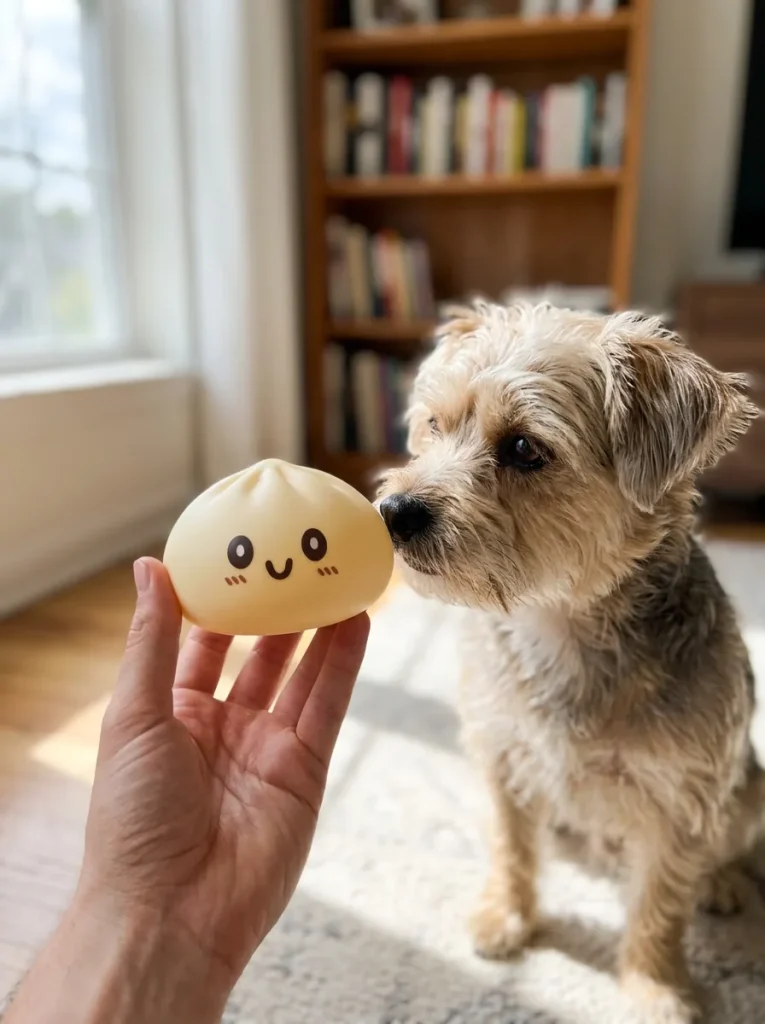 Giant Yellow Dumpling Squishy 15 cm ja lemmikki — asiakaskuva
