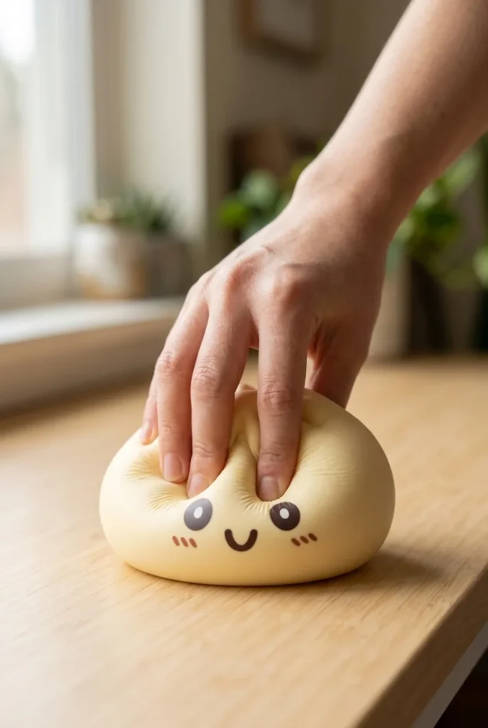 Giant Yellow Dumpling Squishy 15 cm sormien välissä — asiakaskuva