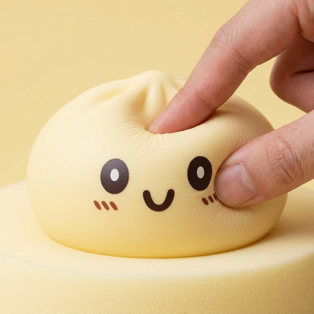 Giant Yellow Dumpling Squishy 15 cm puristettuna kädessä, squishy-materiaali