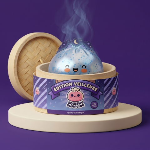 Dumpling Squishy Sparkle Jäänsininen bambutyylisessä höyrykorirasiassaan