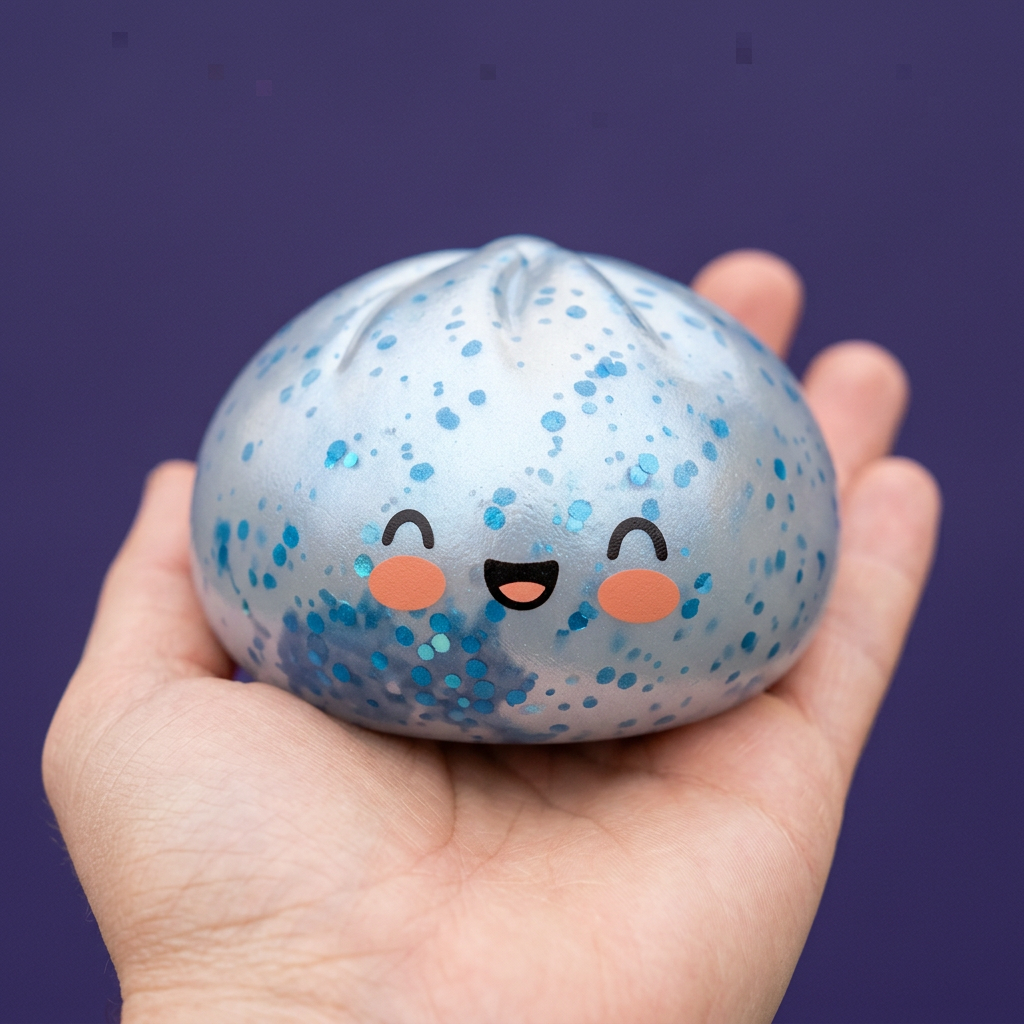 Dumpling Squishy Sparkle Jäänsininen kädessä, todellinen koko