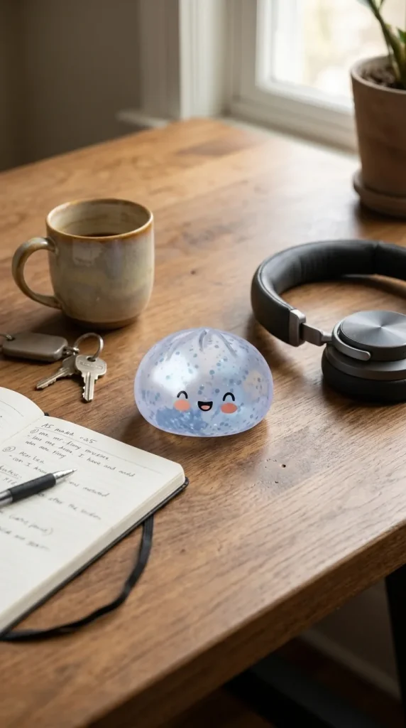 Dumpling Squishy Sparkle Jäänsininen työpöydällä — asiakaskuva