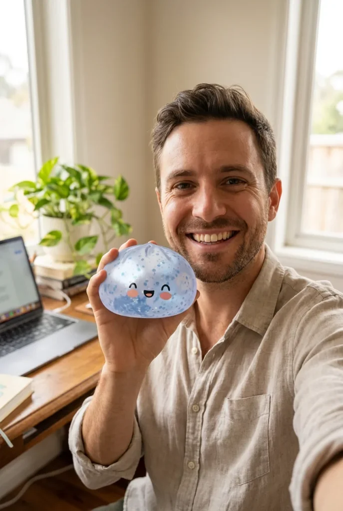 Dumpling Squishy Sparkle Jäänsininen kasvojen lähellä — asiakaskuva