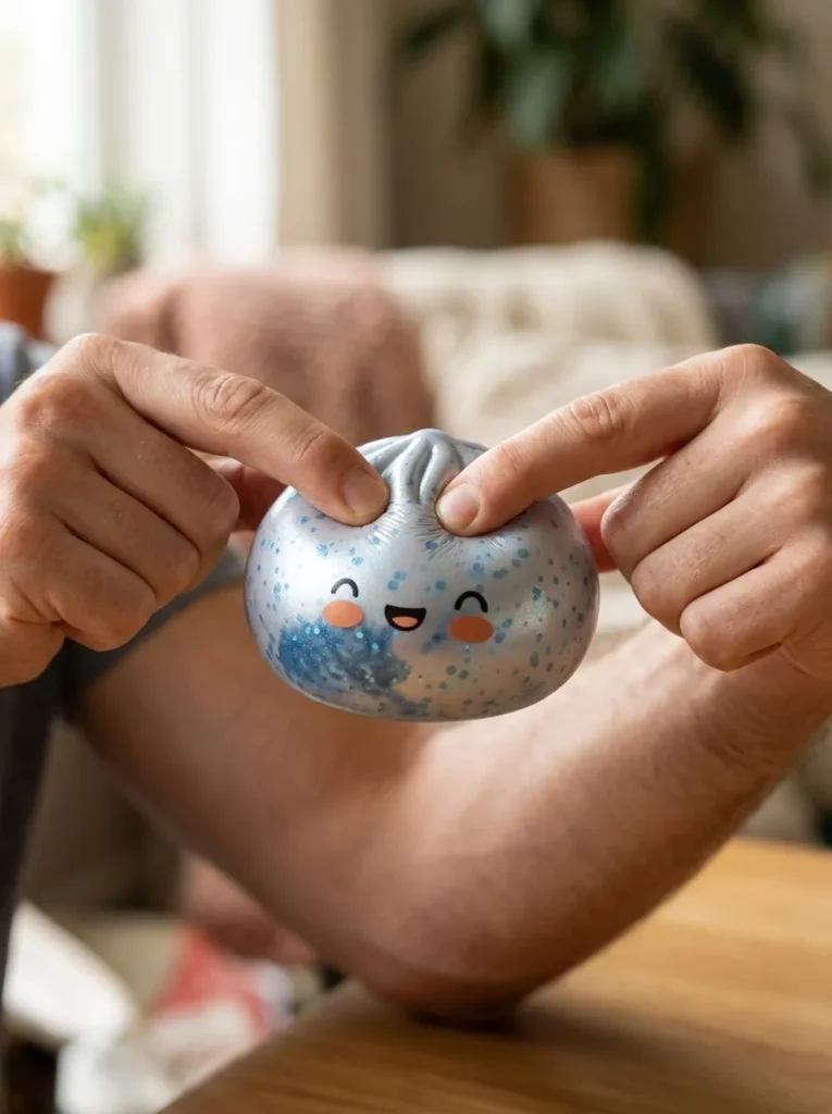 Dumpling Squishy Sparkle Jäänsininen sormien välissä — asiakaskuva