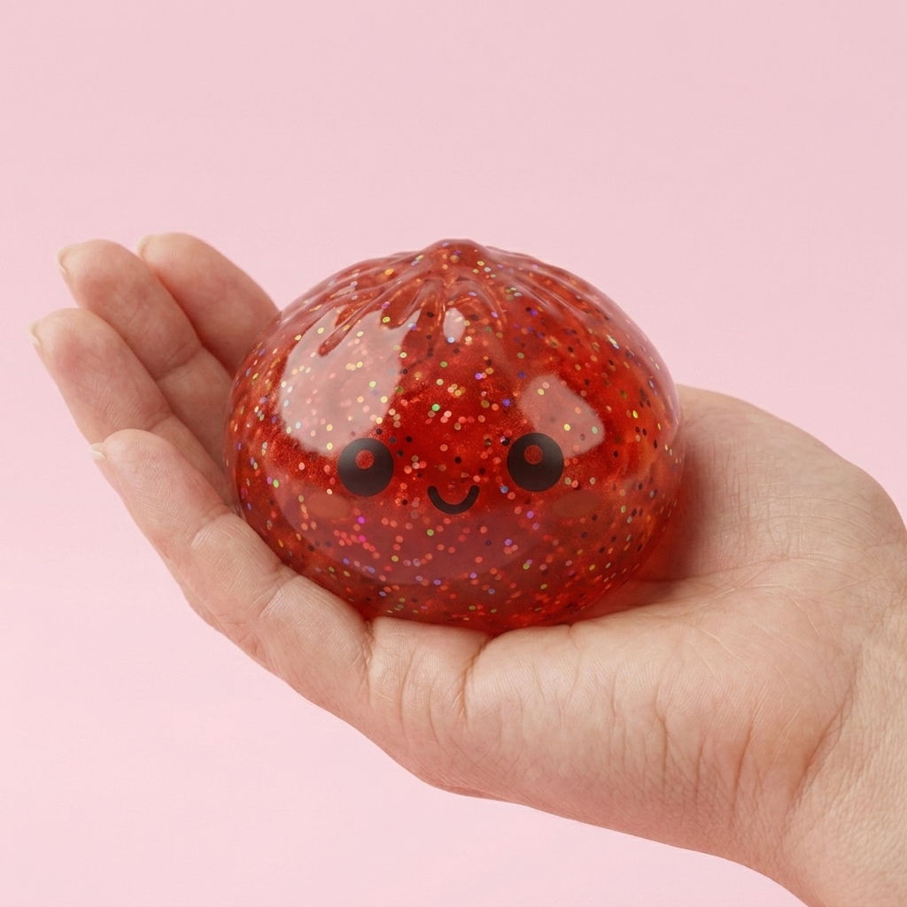Mini Dumpling Squishy Metallinen Kiilto kädessä, todellinen koko
