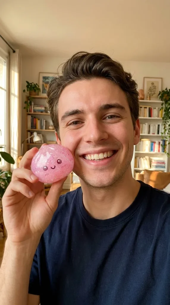Mini Dumpling Squishy Metallinen Kiilto kasvojen lähellä — asiakaskuva