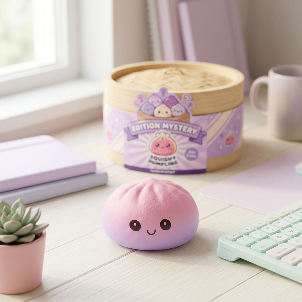 Mini Dumplings Squishy Mystery -yllätyspakkaus arkisessa asetelmassa
