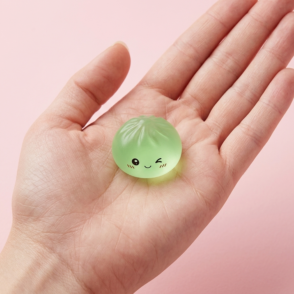 Mini Dumpling Squishy Sokeri, 7 kpl Bambukorissa kädessä — kokovertailu