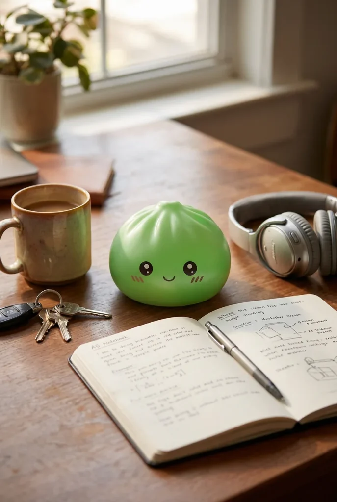 Mini Dumpling Squishy Sokeri, 7 kpl Bambukorissa työpöydällä