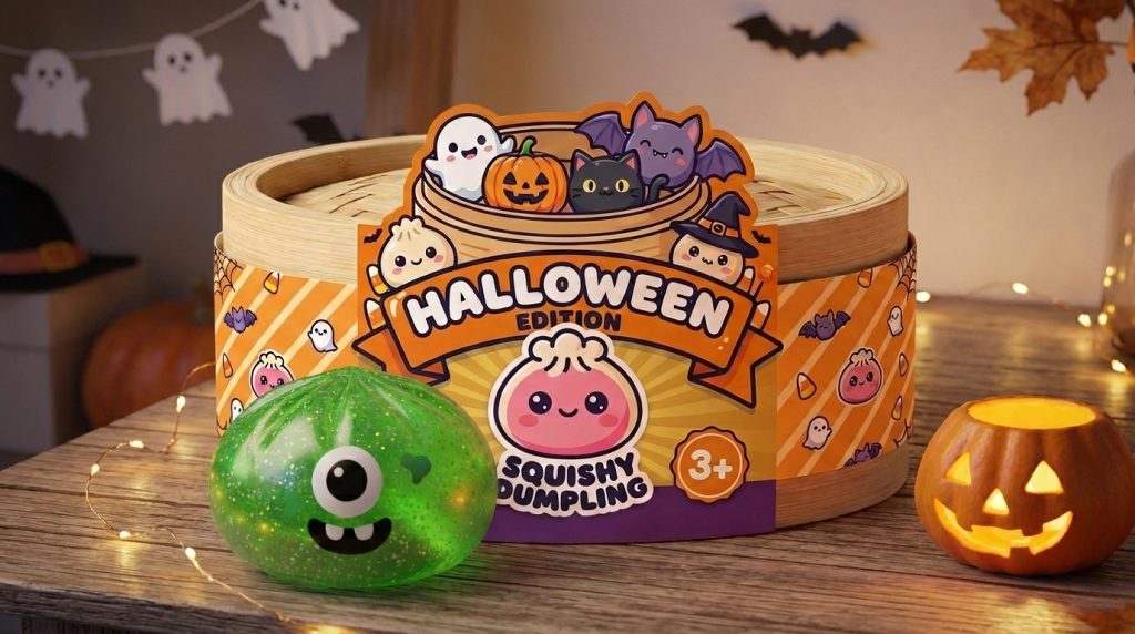 Squishy Dumpling Monster Halloween Vihreä Glitter arkisessa asetelmassa
