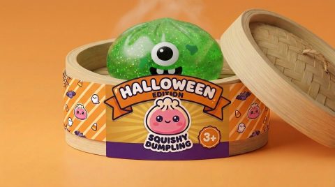 Squishy Dumpling Monster Halloween Vihreä Glitter bambutyylisessä höyrytyskorissa