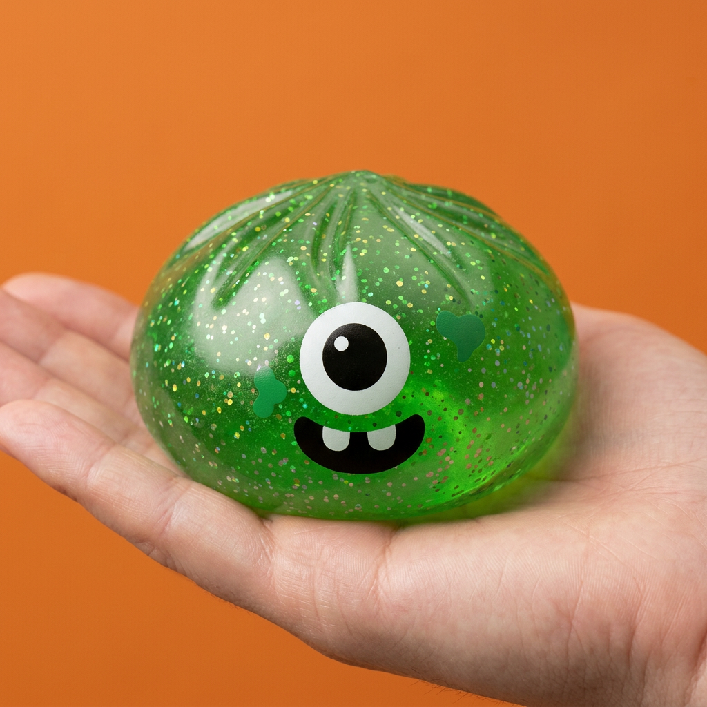 Squishy Dumpling Monster Halloween Vihreä Glitter kädessä — kokovertailu