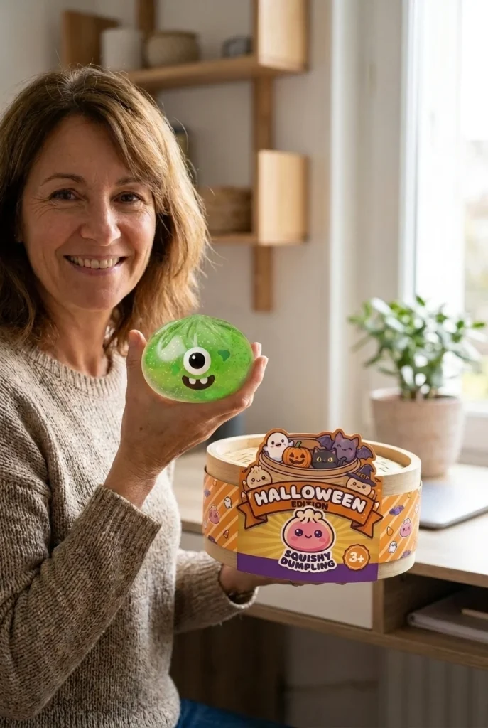 Squishy Dumpling Monster Halloween Vihreä Glitter pakkauksensa kanssa