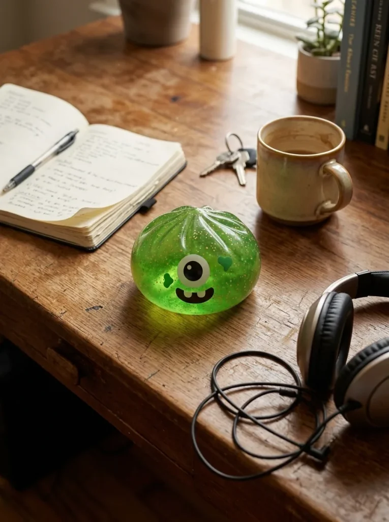 Squishy Dumpling Monster Halloween Vihreä Glitter työpöydällä