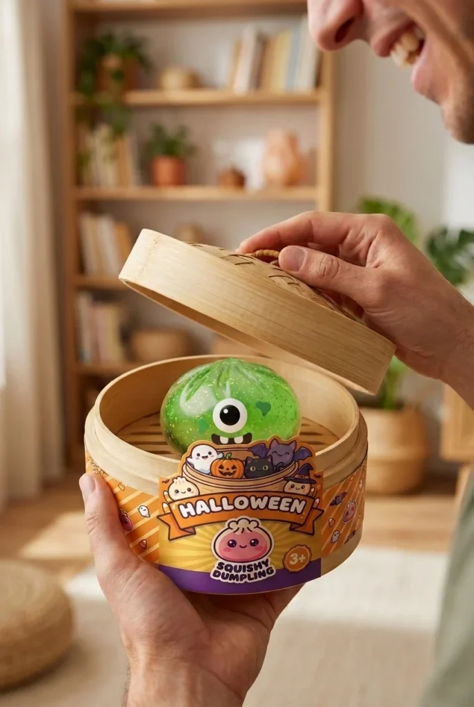 Squishy Dumpling Monster Halloween Vihreä Glitter avauksen hetkellä
