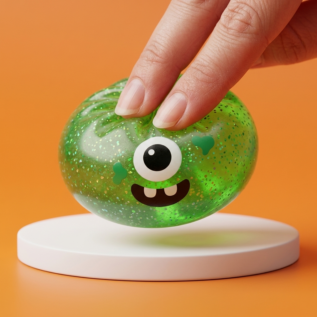 Squishy Dumpling Monster Halloween Vihreä Glitter puristettuna kädessä